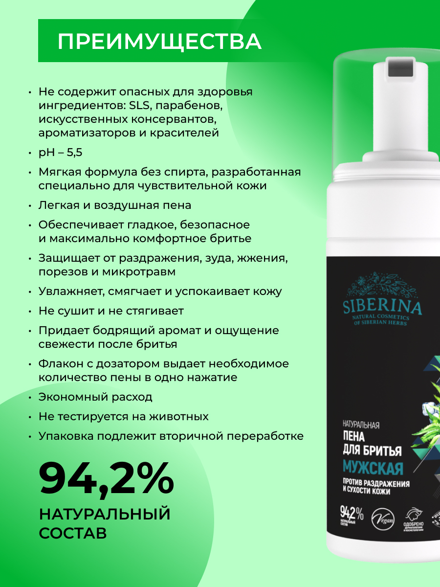 Пена для бритья «против раздражения и сухости кожи» PNB(1)-SIB - купить в  интернет-магазине Siberina.ru в Москве